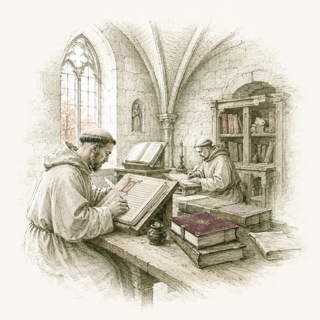 Ilustração de um scriptorium monástico: dois monges copiam manuscritos à mão em uma sala com janelas em arco e livros sobre a mesa.